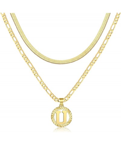 Gold Layered Initial Necklace Set for Women Letter Pendant Necklace 18K Gold Plated Trendy Herringbone Snake Choker Figaro Ch...