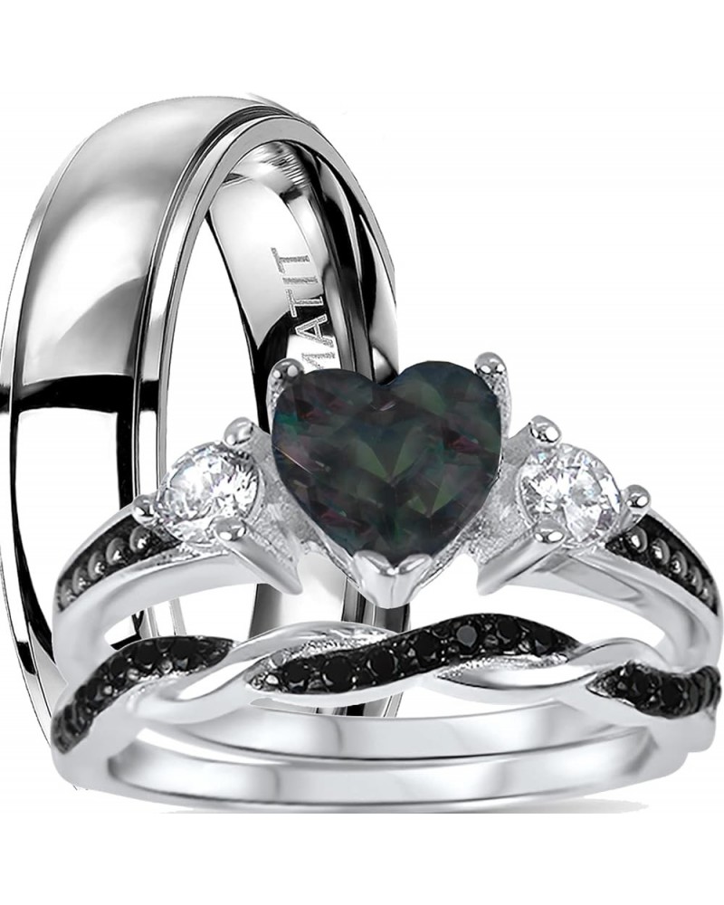 His Hers Wedding Ring Set TRIO 3 PCS Simulated Black Topaz Bridal Set Silver Black Titanium Him Her Her 11 - His 13 $49.39 Sets