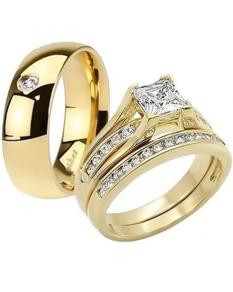 His and Her 14K Gold Plated Stainless Steel 3 Piece Wedding Engagement Ring and Men's Band Set Women's Size 10 Men's Size 13 ...