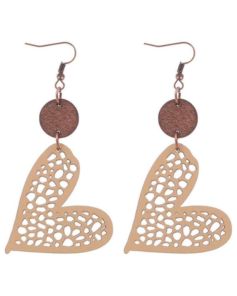 New Valentine's Day Jewelry Round Wooden Chip Heart Hollow Mesh Leather Women's Earrings Khaki $5.19 Earrings