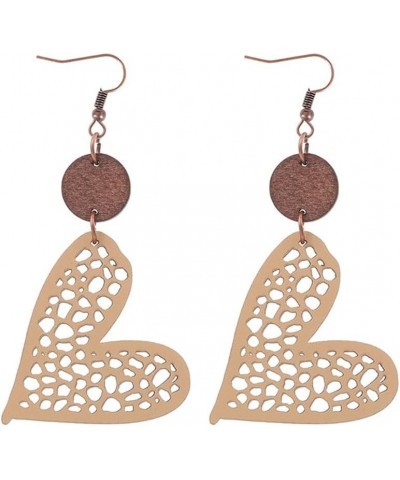 New Valentine's Day Jewelry Round Wooden Chip Heart Hollow Mesh Leather Women's Earrings Khaki $5.19 Earrings