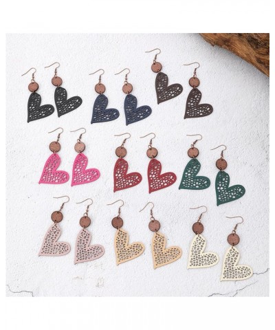 New Valentine's Day Jewelry Round Wooden Chip Heart Hollow Mesh Leather Women's Earrings Khaki $5.19 Earrings