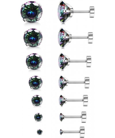 7Pairs 2-8mm Flat Back Stud Earrings Hypoallergenic Stainless Steel Earrings for Men Women Cubic Zirconia Simulated Diamond C...