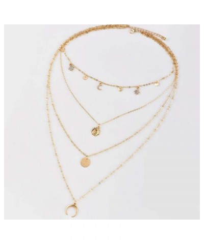 Fashion Gold Four Layered Necklace for Women Bohemia Necklace with Moon Crescent Sun Disc Pendant Multilayer Chain for Women ...