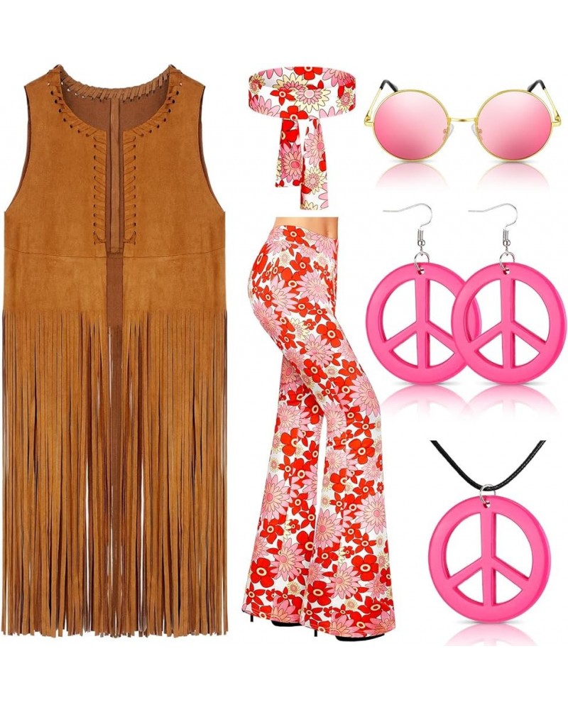 7 Pcs 60s 70s Outfits for Women Halloween Hippie Costume Fringe Vest Boho Flared Pants Peace Sign Accessories Set Floral $21....