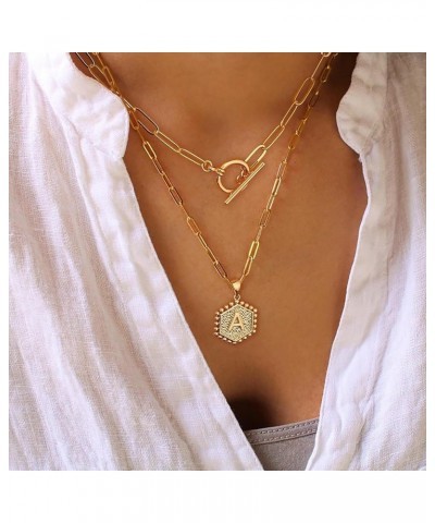 Gold Layered Initial Necklaces for Women, 14K Solid Gold Over Paperclip Chain Initial Necklace Hexagon Coin Letter Pendant La...