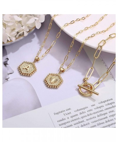 Gold Layered Initial Necklaces for Women, 14K Solid Gold Over Paperclip Chain Initial Necklace Hexagon Coin Letter Pendant La...